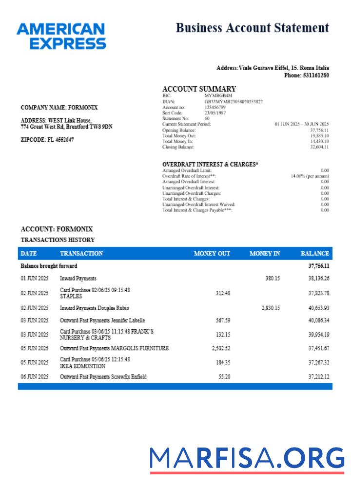Printable Italian American Express Amex company checking account statement Word and PDF template